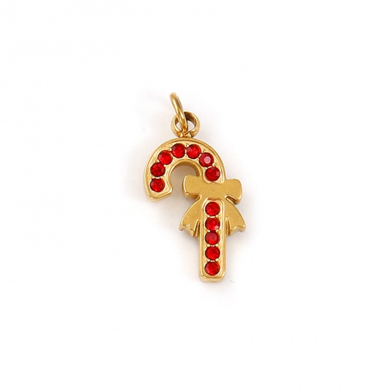Immagine di 1 Pz Placcatura Sottovuoto PVD Ecologica 304 Acciaio Inossidabile Ciondoli 18K Vero Oro Placcato Gruccia di Zucchero di Natale Rosso Cubic Zirconiae 17mm x 8mm