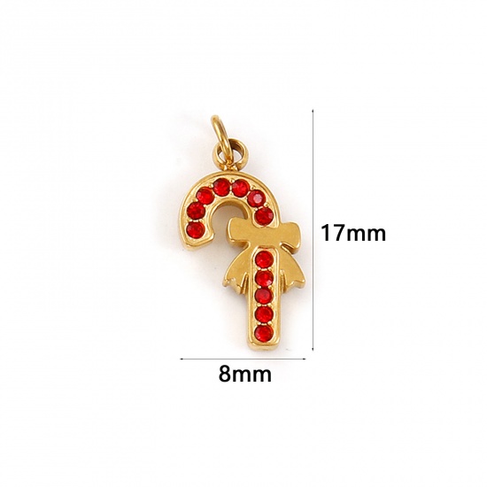 Immagine di 1 Pz Placcatura Sottovuoto PVD Ecologica 304 Acciaio Inossidabile Ciondoli 18K Vero Oro Placcato Gruccia di Zucchero di Natale Rosso Cubic Zirconiae 17mm x 8mm