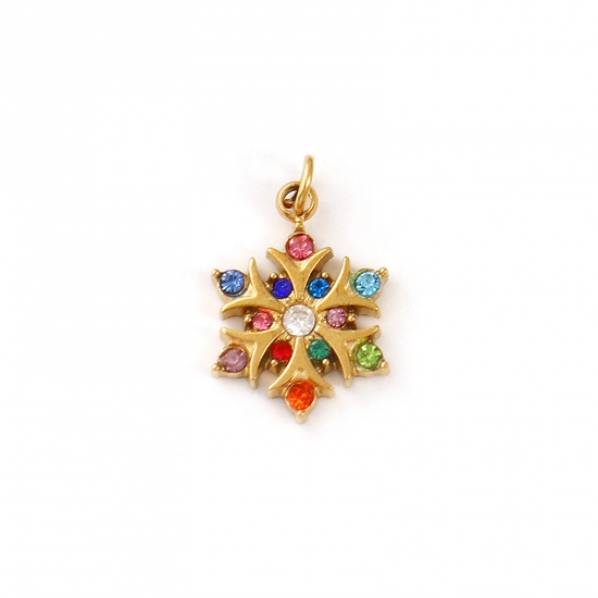 Immagine di 1 Pz Placcatura Sottovuoto PVD Ecologica 304 Acciaio Inossidabile Ciondoli 18K Vero Oro Placcato Natale Fiocco di Neve Multicolore Cubic Zirconiae 16mm x 10mm