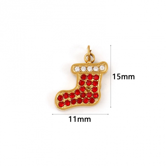 Immagine di 1 Pz Placcatura Sottovuoto PVD Ecologica 304 Acciaio Inossidabile Ciondoli 18K Vero Oro Placcato Calza di Natale Rosso Cubic Zirconiae 15mm x 11mm