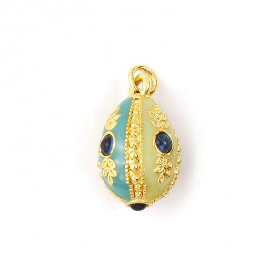 Image de 1 Pièce Breloques en Laiton Plaqué Or 18K Multicolore Émail Œuf de Pâques 3D à Strass Bleu Foncé 24mm x 13mm