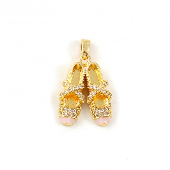 Immagine di 2 Pz Ecologico Ottone Abiti Ciondoli Pendenti 18K Vero Oro Placcato Rosa Chiaro Smalto Scarpe di Balletto Madreperla Trasparente Cubic Zirconiae 25mm x 15mm