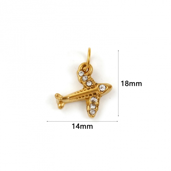Immagine di 1 Pz Placcatura Sottovuoto PVD Ecologica 304 Acciaio Inossidabile Viaggio Ciondoli 18K Vero Oro Placcato Aeroplano 3D Trasparente Strass 18mm x 14mm