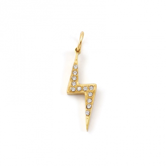 Immagine di 1 Pz Placcatura Sottovuoto PVD Ecologica 304 Acciaio Inossidabile Tempo Collezione Ciondoli 18K Vero Oro Placcato Lampo Trasparente Cubic Zirconiae 29mm x 8mm