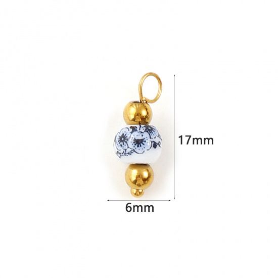 Image de 2 Pcs Breloques en 304 Acier Inoxydable & Céramique Respectueux de la Nature Plaqué Or 18K Blanc & Bleu Foncé Rond Fleur de Prunier 17mm x 6mm