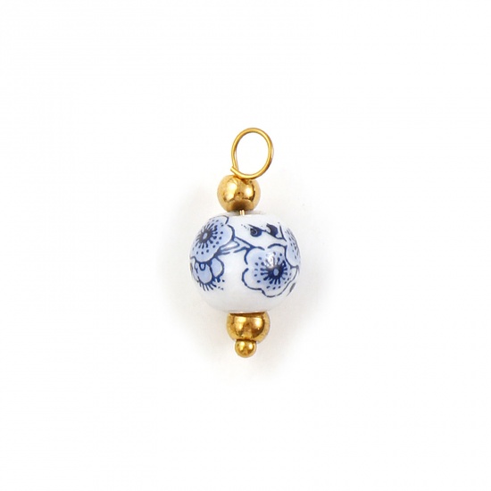 Image de 2 Pcs Breloques en 304 Acier Inoxydable & Céramique Respectueux de la Nature Plaqué Or 18K Blanc & Bleu Foncé Rond Fleur de Prunier 20mm x 10mm