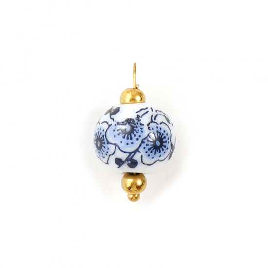 Image de 2 Pcs Breloques en 304 Acier Inoxydable & Céramique Respectueux de la Nature Plaqué Or 18K Blanc & Bleu Foncé Rond Fleur de Prunier 22mm x 12mm