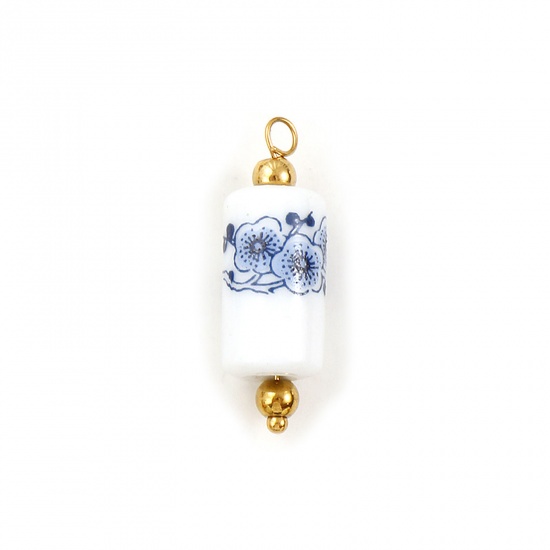 Image de 2 Pcs Breloques en 304 Acier Inoxydable & Céramique Respectueux de la Nature Plaqué Or 18K Blanc & Bleu Foncé Colonne Fleur de Prunier 28mm x 9mm