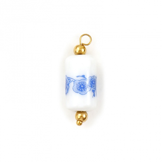 Image de 2 Pcs Breloques en 304 Acier Inoxydable & Céramique Respectueux de la Nature Plaqué Or 18K Blanc & Bleu Clair Colonne Fleur de Prunier 28mm x 9mm
