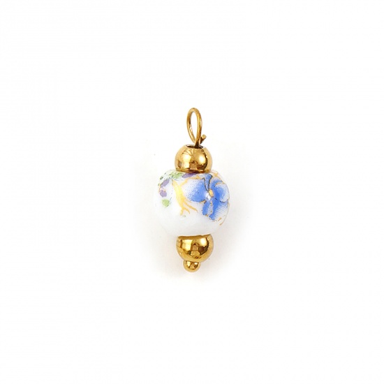 Immagine di 2 Pz Ecologico 304 Acciaio Inossidabile & Ceramica Ciondoli Placcato Oro 18K Multicolore Tondo Orchidea 18mm x 8mm