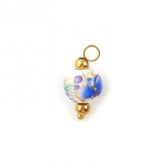 Immagine di 2 Pz Ecologico 304 Acciaio Inossidabile & Ceramica Ciondoli Placcato Oro 18K Multicolore Tondo Orchidea 20mm x 10mm