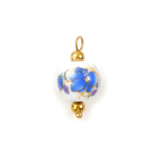 Immagine di 2 Pz Ecologico 304 Acciaio Inossidabile & Ceramica Ciondoli Placcato Oro 18K Multicolore Tondo Orchidea 22mm x 12mm