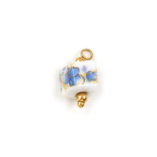 Immagine di 2 Pz Ecologico 304 Acciaio Inossidabile & Ceramica Ciondoli Placcato Oro 18K Multicolore Cubo Orchidea 17mm x 7mm