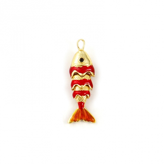 Imagen de 1 Unidad Latón Joyería del océano Colgantes Chapado en Oro de 18K Rojo Esmalte Pez 3D Movible Negro Circón Artificial 28mm x 9mm