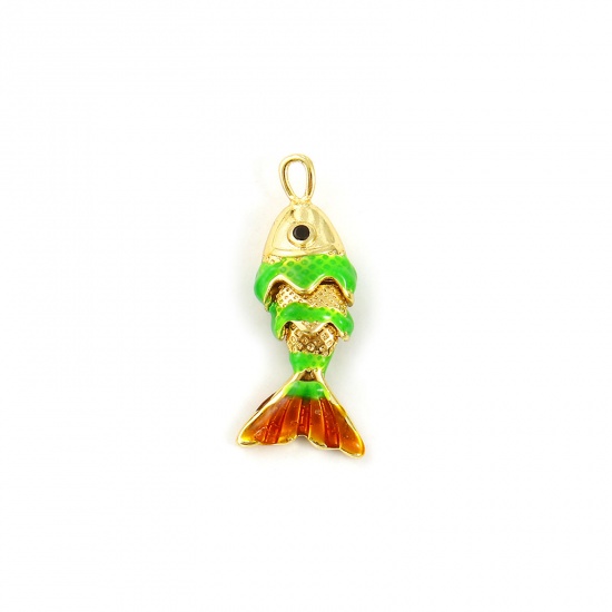 Imagen de 1 Unidad Latón Joyería del océano Colgantes Chapado en Oro de 18K Verde Claro Esmalte Pez 3D Movible Negro Circón Artificial 22mm x 9mm