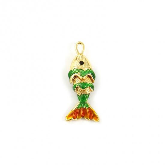 Imagen de 1 Unidad Latón Joyería del océano Colgantes Chapado en Oro de 18K Verde Esmalte Pez 3D Movible Negro Circón Artificial 22mm x 9mm