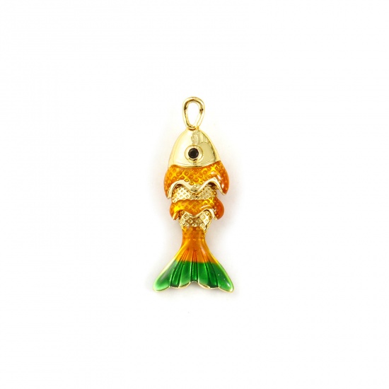 Imagen de 1 Unidad Latón Joyería del océano Colgantes Chapado en Oro de 18K Amarillo Esmalte Pez 3D Movible Negro Circón Artificial 22mm x 9mm