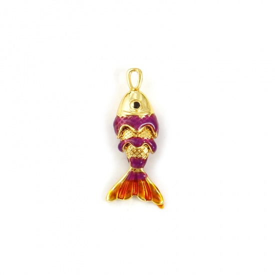 Imagen de 1 Unidad Latón Joyería del océano Colgantes Chapado en Oro de 18K Púrpura Esmalte Pez 3D Movible Negro Circón Artificial 22mm x 9mm