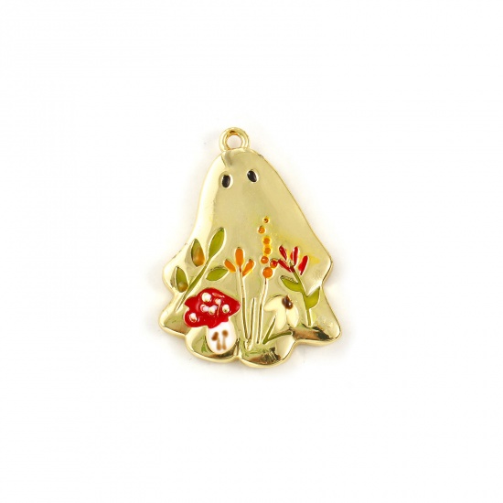 Image de 1 Pièce Breloques en Laiton Plaqué Or 18K Multicolore Émail Fantôme Halloween Champignon 25.5mm x 19mm