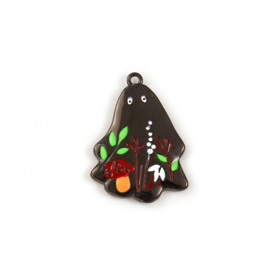 Image de 1 Pièce Breloques en Laiton Noir Émail Fantôme Halloween Champignon 25.5mm x 19mm
