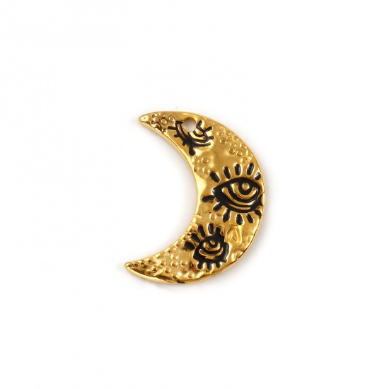 Imagen de 2 Unidades Recubrimiento al Vacío PVD Ecológico 304 Acero Inoxidable Galaxia Colgantes 18K Oro Real Chapado Negro Esmalte Luna Media Ojo 28mm x 21mm