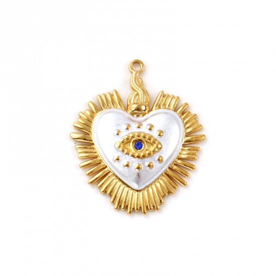 Imagen de 2 Unidades Recubrimiento al Vacío PVD Ecológico 304 Acero Inoxidable Religión Colgantes 18K Oro Real Chapado Blanco Plateado Corazón Exvoto Ojo de la Providencia/Ojo que Todo lo Ve Pintura Azul Marino Circón Artificial 3.5cm x 2.9cm