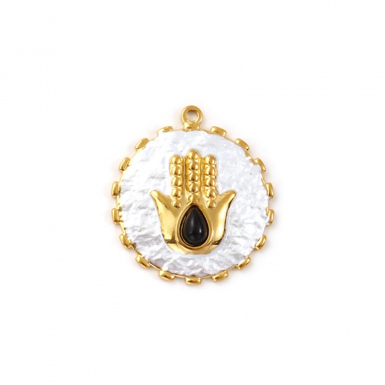 Imagen de 2 Unidades Recubrimiento al Vacío PVD Ecológico 304 Acero Inoxidable Religión Colgantes 18K Oro Real Chapado Blanco Plateado Ronda Disco Símbolo Mano Hamsa Pintura Negro Rhinestone 28mm x 25mm