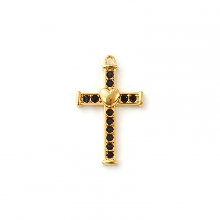 Picture of 2 PCs Eco-friendly PVD Vacuum Plating Waterproof Anti-Tarnish Hypoallergenic 304 Stainless Steel Religious Charms 18K Real Gold Plated Cross Heart Black Cubic Zirconia 28mm x 17mm