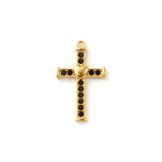 Imagen de 2 Unidades Recubrimiento al Vacío PVD Ecológico 304 Acero Inoxidable Religión Colgantes 18K Oro Real Chapado Cruz Corazón Negro Circón Artificial 28mm x 17mm