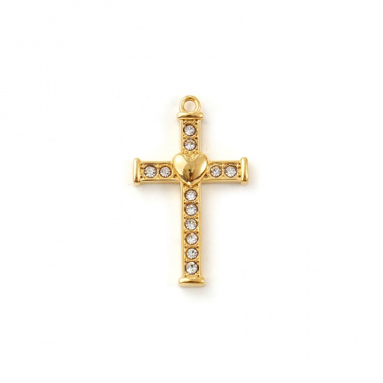 Imagen de 2 Unidades Recubrimiento al Vacío PVD Ecológico 304 Acero Inoxidable Religión Colgantes 18K Oro Real Chapado Cruz Corazón Claro Circón Artificial 28mm x 17mm