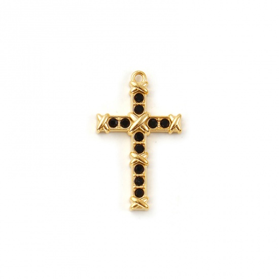 Imagen de 2 Unidades Recubrimiento al Vacío PVD Ecológico 304 Acero Inoxidable Religión Colgantes 18K Oro Real Chapado Cruz Negro Circón Artificial 26mm x 16mm