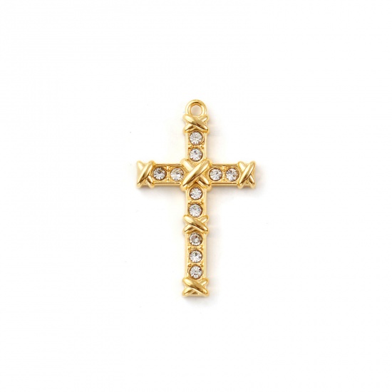 Imagen de 2 Unidades Recubrimiento al Vacío PVD Ecológico 304 Acero Inoxidable Religión Colgantes 18K Oro Real Chapado Cruz Claro Circón Artificial 26mm x 16mm