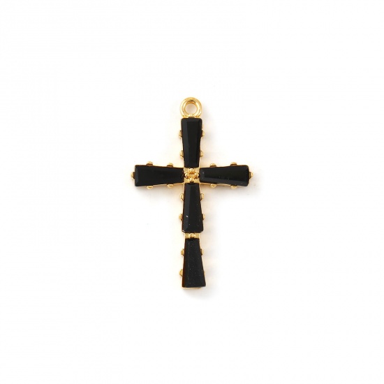 Imagen de 2 Unidades Recubrimiento al Vacío PVD Ecológico 304 Acero Inoxidable Religión Colgantes 18K Oro Real Chapado Cruz Negro Circón Artificial 28mm x 18mm