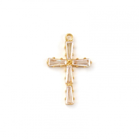 Picture of 2 PCs Eco-friendly PVD Vacuum Plating Waterproof Anti-Tarnish Hypoallergenic 304 Stainless Steel Religious Charms 18K Real Gold Plated Cross Clear Cubic Zirconia 28mm x 18mm