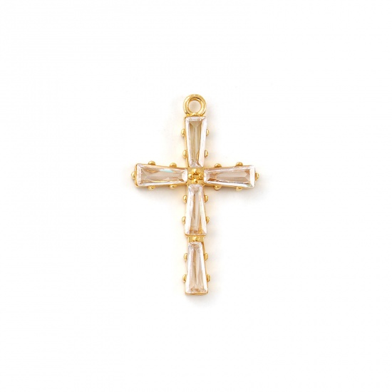 Imagen de 2 Unidades Recubrimiento al Vacío PVD Ecológico 304 Acero Inoxidable Religión Colgantes 18K Oro Real Chapado Cruz Claro Circón Artificial 28mm x 18mm