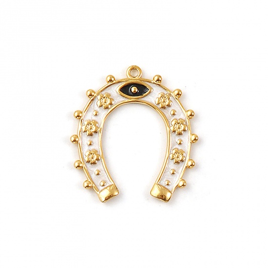 Immagine di 1 Pz Placcatura Sottovuoto PVD Ecologica 304 Acciaio Inossidabile Cowboy dell'Ovest Ciondoli Pendenti 18K Vero Oro Placcato Bianco Smalto Ferro di Cavallo Brillio 3.5cm x 3.2cm