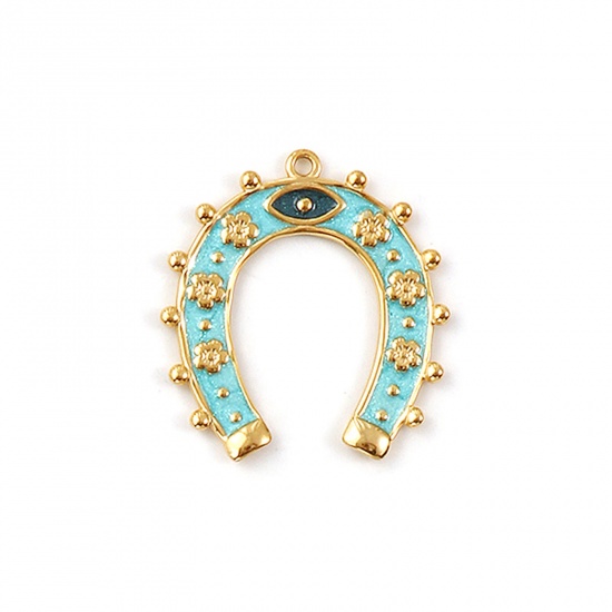 Immagine di 1 Pz Placcatura Sottovuoto PVD Ecologica 304 Acciaio Inossidabile Cowboy dell'Ovest Ciondoli Pendenti 18K Vero Oro Placcato Menta Verde Smalto Ferro di Cavallo Brillio 3.5cm x 3.2cm