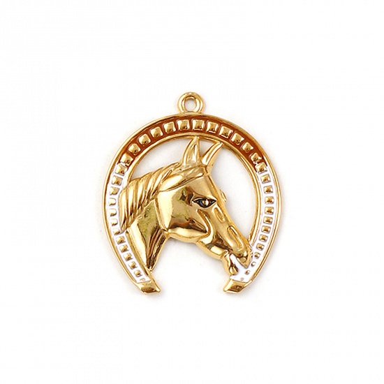 Immagine di 1 Pz Placcatura Sottovuoto PVD Ecologica 304 Acciaio Inossidabile Cowboy dell'Ovest Ciondoli Pendenti 18K Vero Oro Placcato Bianco Smalto Ferro di Cavallo Cavallo 3.6cm x 3.2cm
