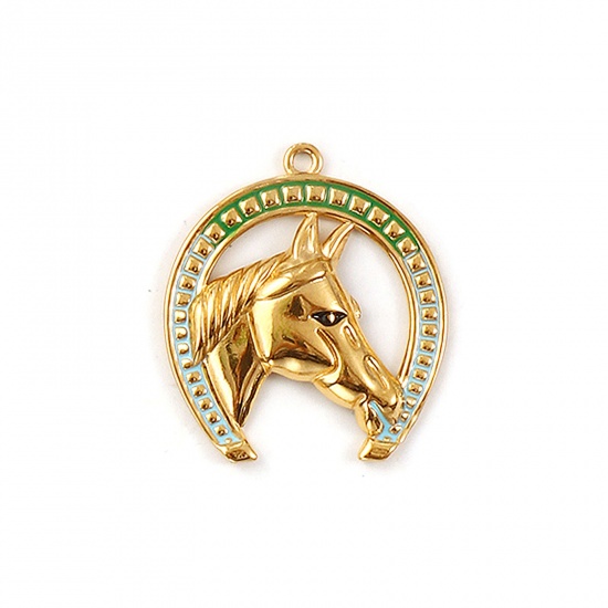 Immagine di 1 Pz Placcatura Sottovuoto PVD Ecologica 304 Acciaio Inossidabile Cowboy dell'Ovest Ciondoli Pendenti 18K Vero Oro Placcato Blu Chiaro Smalto Ferro di Cavallo Cavallo 3.6cm x 3.2cm
