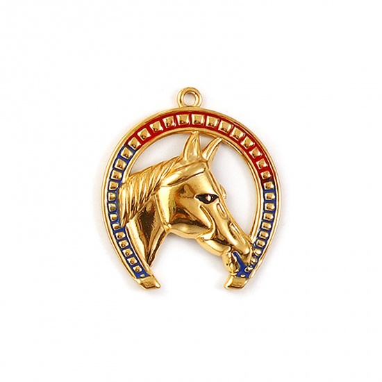 Immagine di 1 Pz Placcatura Sottovuoto PVD Ecologica 304 Acciaio Inossidabile Cowboy dell'Ovest Ciondoli Pendenti 18K Vero Oro Placcato Rosso Smalto Ferro di Cavallo Cavallo 3.6cm x 3.2cm