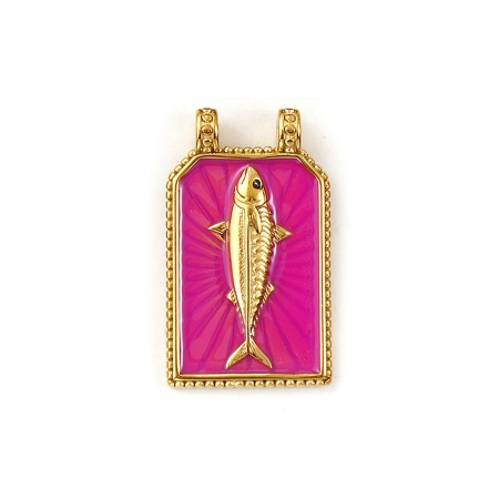 Picture of 1 Piece Eco-friendly PVD Vacuum Plating Waterproof Anti-Tarnish Hypoallergenic 304 Stainless Steel Ocean Jewelry Pendants 18K Real Gold Plated Purple Enamel Hexagon Fish 3.3cm x 1.9cm