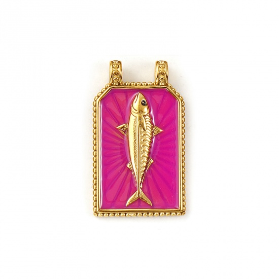 Imagen de 1 Unidad Recubrimiento al Vacío PVD Ecológico 304 Acero Inoxidable Joyería del océano Colgantes 18K Oro Real Chapado Púrpura Esmalte Hexágono Pez 3.3cm x 1.9cm