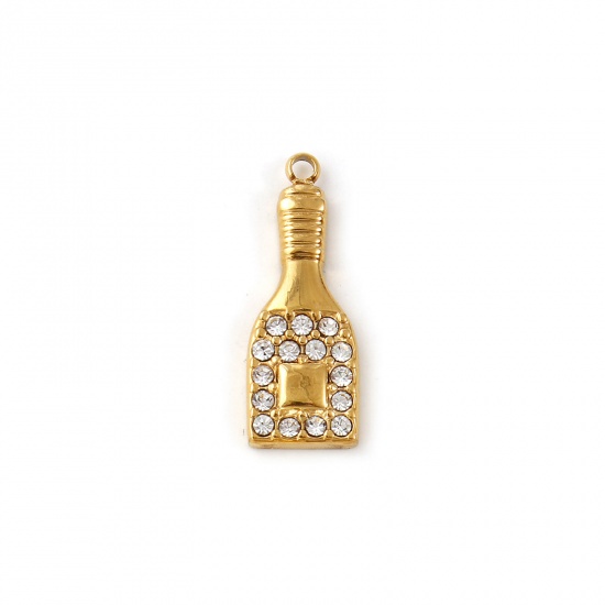 Immagine di 1 Pz Placcatura Sottovuoto PVD Ecologica 304 Acciaio Inossidabile Ciondoli 18K Vero Oro Placcato Bottiglia di Vino Micro Spianare Trasparente Cubic Zirconiae 21mm x 8mm