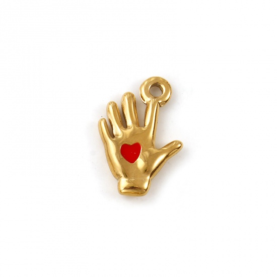 Immagine di 1 Pz Placcatura Sottovuoto PVD Ecologica 304 Acciaio Inossidabile San Valentino Ciondoli 18K Vero Oro Placcato Rosso Smalto Mani Cuore 18mm x 12mm