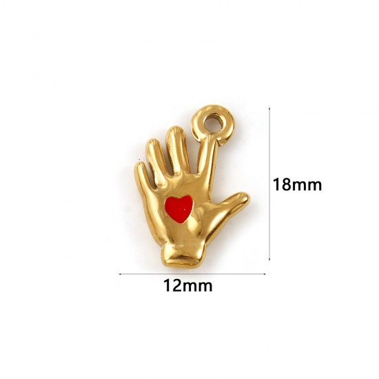 Immagine di 1 Pz Placcatura Sottovuoto PVD Ecologica 304 Acciaio Inossidabile San Valentino Ciondoli 18K Vero Oro Placcato Rosso Smalto Mani Cuore 18mm x 12mm
