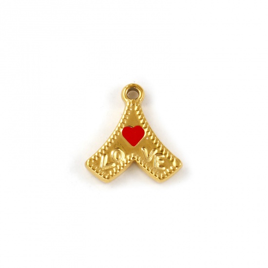 Immagine di 1 Pz Placcatura Sottovuoto PVD Ecologica 304 Acciaio Inossidabile Ciondoli 18K Vero Oro Placcato Rosso Smalto Punta di Freccia Cuore Messaggio " LOVE " 16mm x 15mm