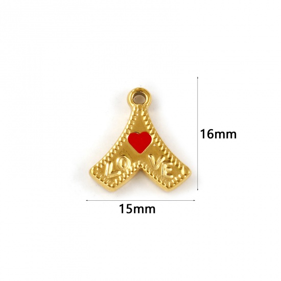 Immagine di 1 Pz Placcatura Sottovuoto PVD Ecologica 304 Acciaio Inossidabile Ciondoli 18K Vero Oro Placcato Rosso Smalto Punta di Freccia Cuore Messaggio " LOVE " 16mm x 15mm