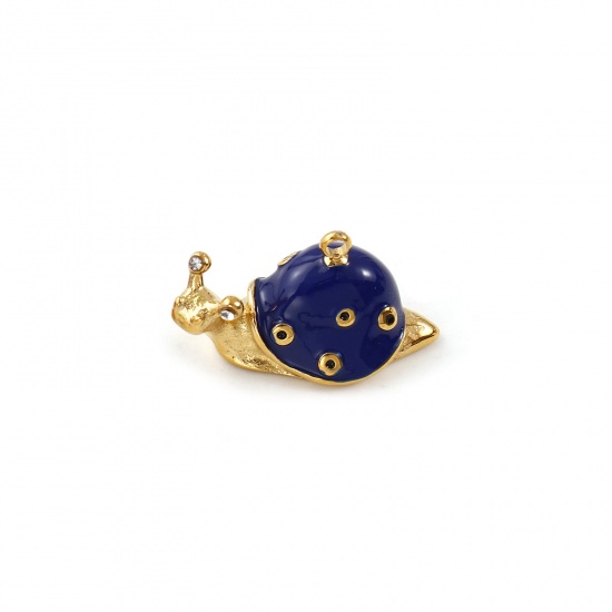 Immagine di 1 Pz Placcatura Sottovuoto PVD Ecologica 304 Acciaio Inossidabile Ciondoli 18K Vero Oro Placcato Blu Scuro Smalto Chiocciola 3D Trasparente Cubic Zirconiae 20mm x 11mm