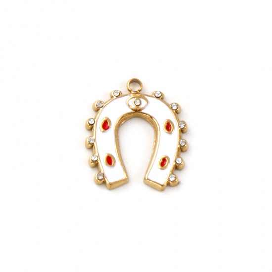 Immagine di 1 Pz Placcatura Sottovuoto PVD Ecologica 304 Acciaio Inossidabile Cowboy dell'Ovest Ciondoli 18K Vero Oro Placcato Bianco Smalto Ferro di Cavallo Micro Spianare Trasparente Cubic Zirconiae 20mm x 18mm