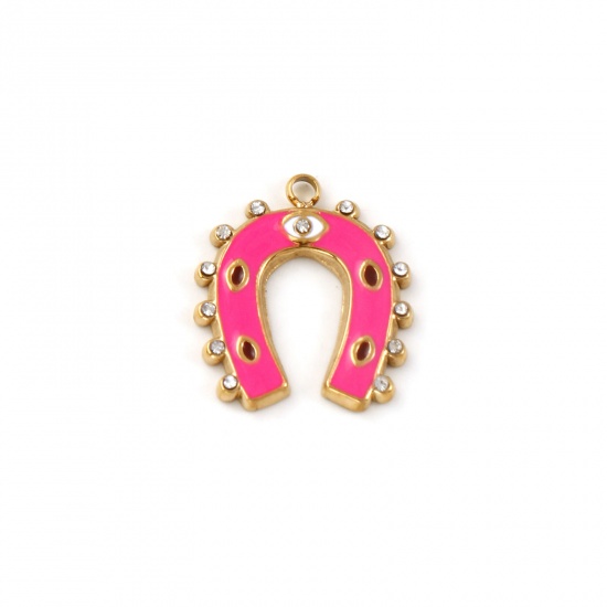 Immagine di 1 Pz Placcatura Sottovuoto PVD Ecologica 304 Acciaio Inossidabile Cowboy dell'Ovest Ciondoli 18K Vero Oro Placcato Rosso Prugna Smalto Ferro di Cavallo Micro Spianare Trasparente Cubic Zirconiae 20mm x 18mm